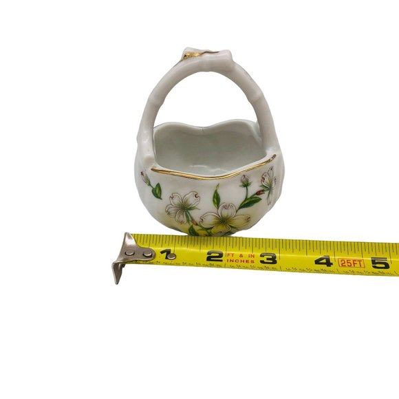 Vintage Lefton Porcelain Trinket Basket Hand Painted Dogwood Flowers Gilt Japan - Picture 9 of 9